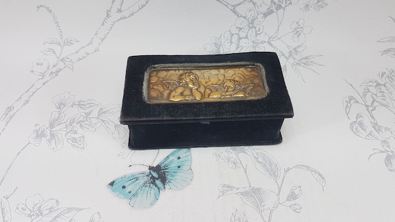 Antique Victorian Velvet Trinket Box: Gilt Cherub Decor