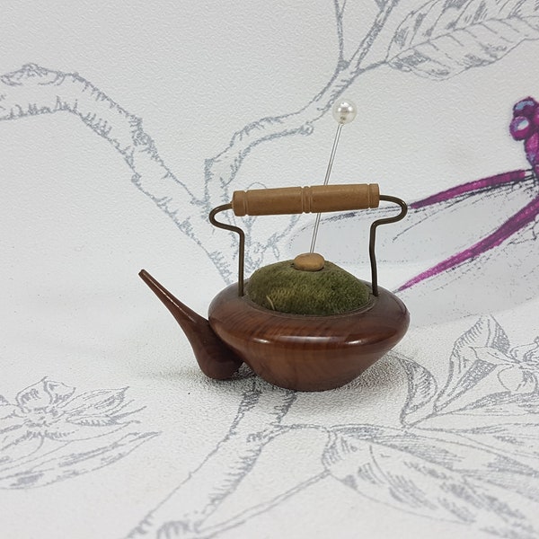 Antique novelty pincushion in the form of a kettle, small wooden sewing pin cushion, collectable antique sewing and needlework tools
