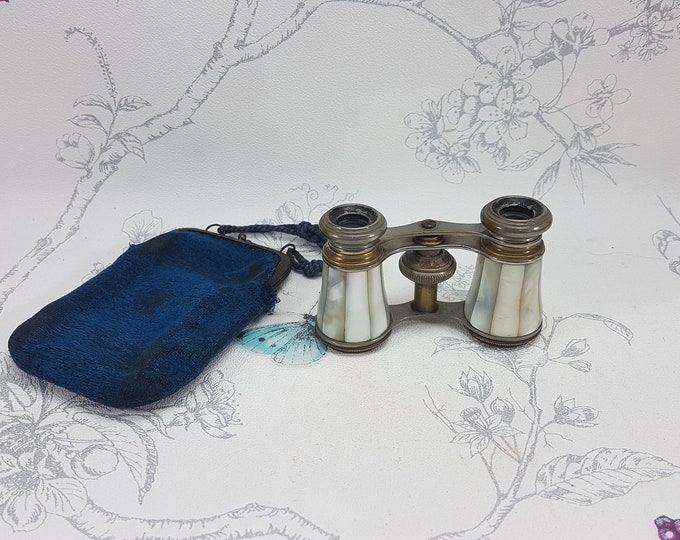 Antique opera glasses, mother of pearl opera glasses with blue velvet carrying purse