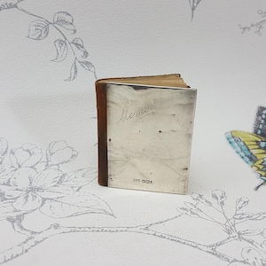 Libreta de notas antigua de plata de ley: cuero marrón, sello C P Brown