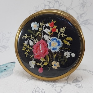Vintage Petit Point Compact: Floral Embroidered Powder Mirror