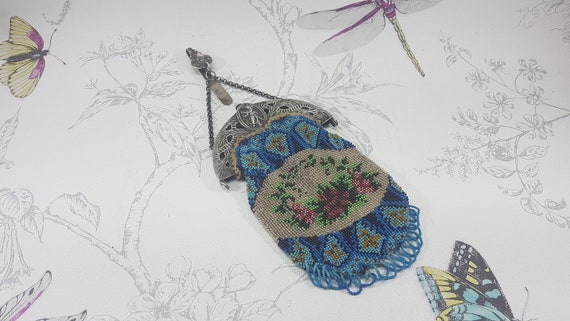 Antique beadwork chatelaine bag, 1820s Dutch silv… - image 1