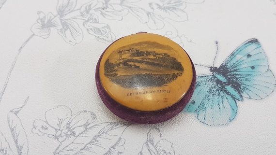 Antique Mauchline Ware Pincushion: Edinburgh Castle Sewing Collectible