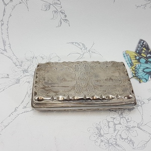 Antique Dutch silver tobacco box, hallmarked Dutch silver large hinged lid tobacco box with engraved rural scenes