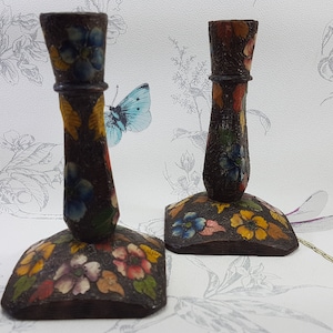 Art Deco Candlestick Holders: Hand-Painted Floral Wooden Candlesticks
