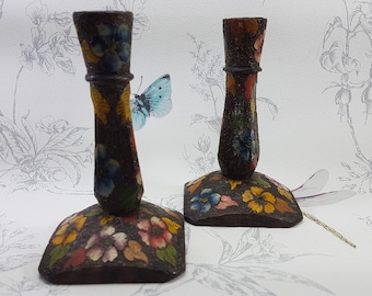 Art Deco candlestick holders, antique pokerwork pyrography candlesticks, Arts and Crafts wooden candlestick holders