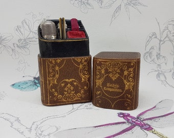 Antique Tooled Leather Sewing Etui: Ladies Companion with Sterling Silver Thimble