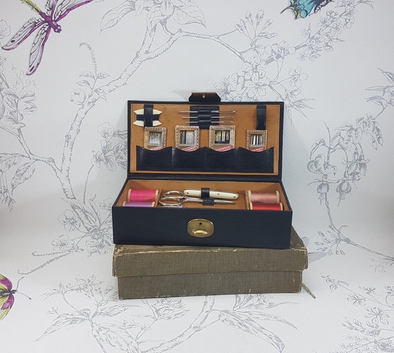 Antique Black Leather Sewing Box with Original Box & Tools