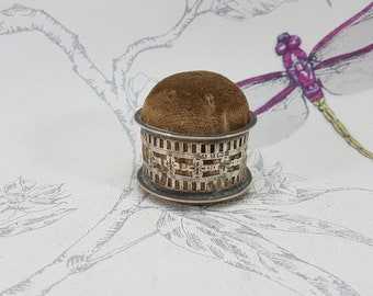 Edwardian silver framed pincushion, antique hallmarked silver sewing pincushion, collectable antique sewing and needlework tools
