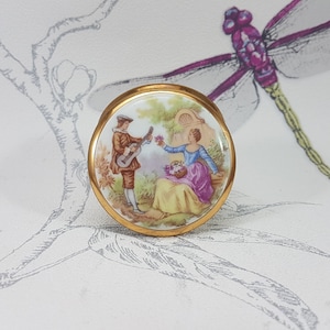 Vintage Limoges Porcelain Compact Mirror: Fragonard Romantic Scene