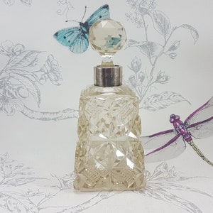 Victorian perfume bottle, antique cut glass scent bottle with silver collar and original stopper