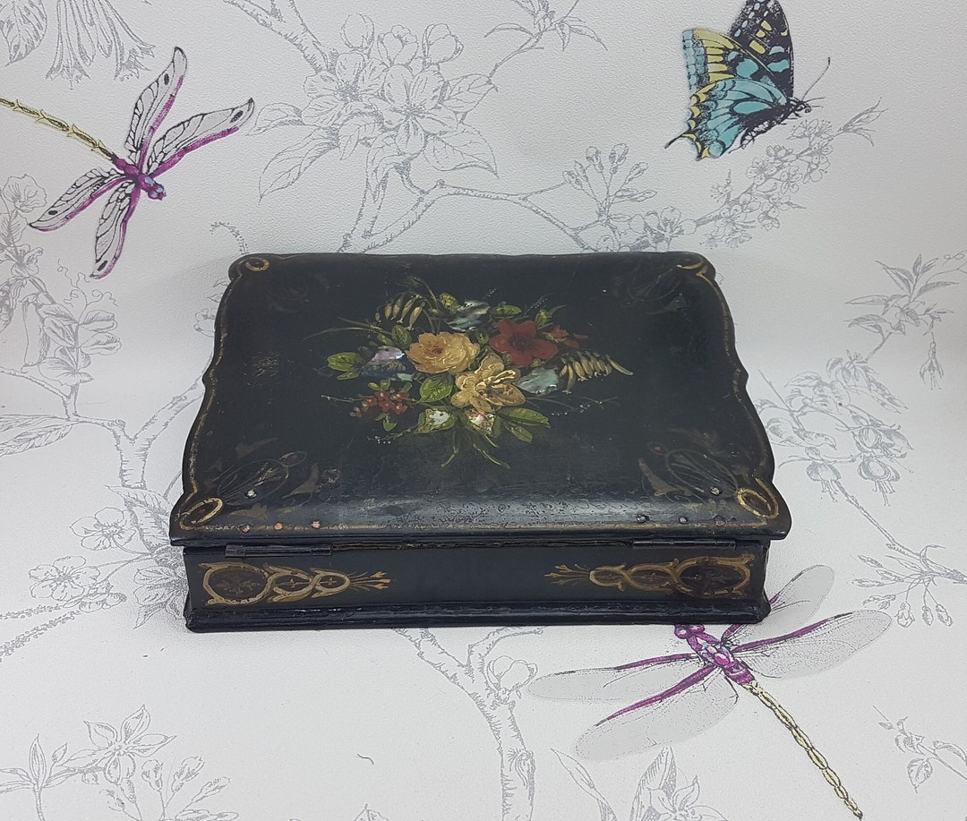 Antique Papier Mache Desk Slope, Victorian Black Lacquer Writing Slope