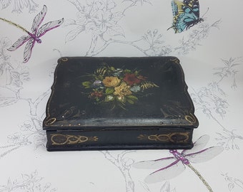 Victorian Papier Mache Desk Slope: Hand Painted Floral Writing Box