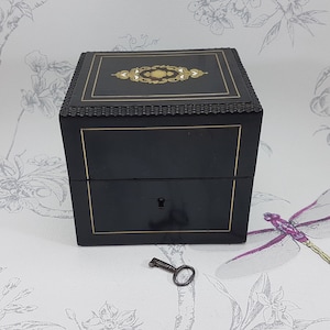 Victorian Brass Inlaid Perfume Box: Antique Scent Bottles & Key