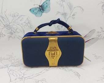Antique Blue Velvet Sewing Bag with Gilt Metal Tools
