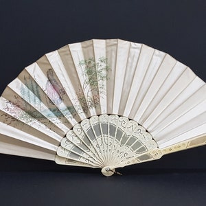 Antique French Hand-Painted Silk Fan: Carved Bovine Bone, 19th Century