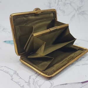 Vintage suede purse with gilt metal frame and sage green fabric interior, vintage suede coin purse