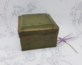 Antique spice tin box, vintage green and gold tin for spices, antique storage tin, vintage kitchen decor