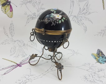 Antique French Black Glass Perfume Casket: Hand-Enameled Peacock Decoration