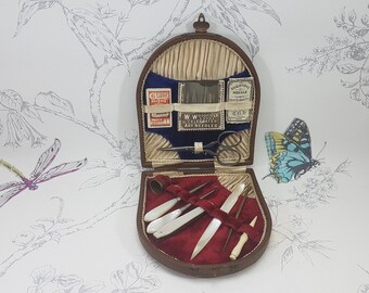 Antique sewing tools case, mother of pearl handled sewing and needle case, collectable antique sewing and needlework tools