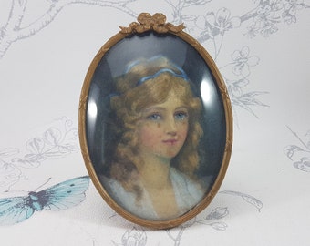 Antique Watercolor Portrait: Young Woman, Gilt Metal Frame, Convex Glass
