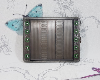 Art Deco Sterling Silver Cigarette Case, 1920s Green Enamel