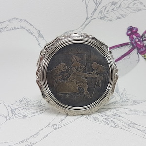 Vintage Stratton Powder Compact: Silver Tone Tavern Scene Lid, 1950s