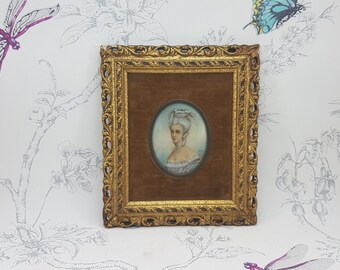 Antique miniature signed portrait, hand painted oval portrait of a lady in a gilt wood and velvet frame, original hand painted portrait