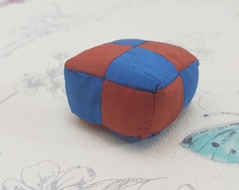 Vintage Handmade Patchwork Pincushion: Blue & Red Fabric