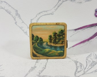 Einziehbares Vintage-Nähbandmaß, vergoldetes Maßband mit ländlicher Flussszene, sammelbare Vintage-Näh- und Handarbeitswerkzeuge