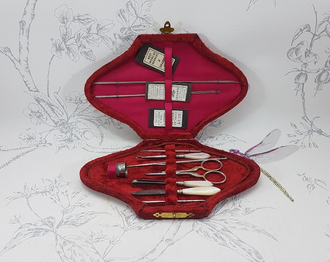 Antique Wood Sewing Box With Mother of Pearl Inlay, Victorian Sewing