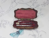Antique wooden sewing etui, antique cut steel sewing tools in wooden case, collectable antique sewing and needlework tools