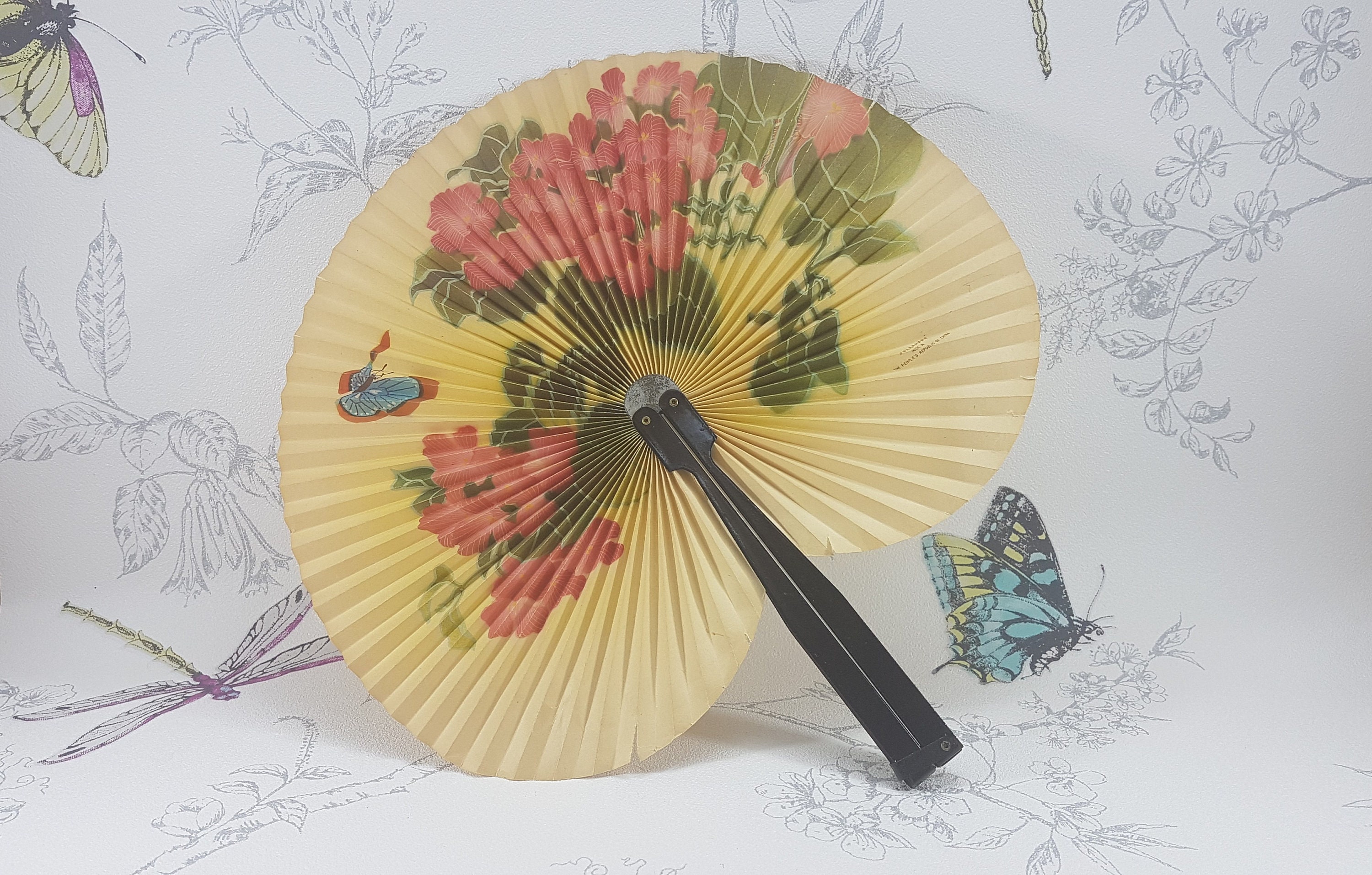 Vintage Hand Fan Metal Frame Paper Fan Flowers Floral Butterflies Made in  China