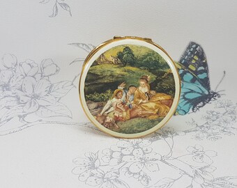 Vintage Kigu compact mirror, Kigu rural scene powder compact, mid-century Kigu powder compact