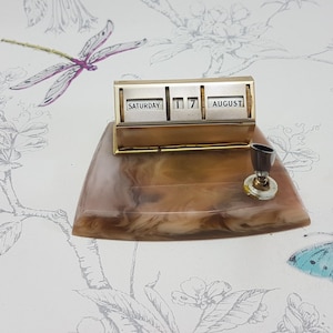 Vintage desktop perpetual calendar with pen holder, faux onyx based desktop perpetual calendar, Made in England