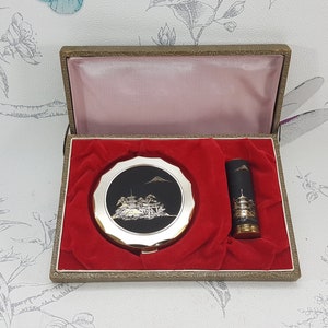 Vintage Damaszener Taschenspiegel & Kosmetiktäschchen: Japanischer Fuji Berg