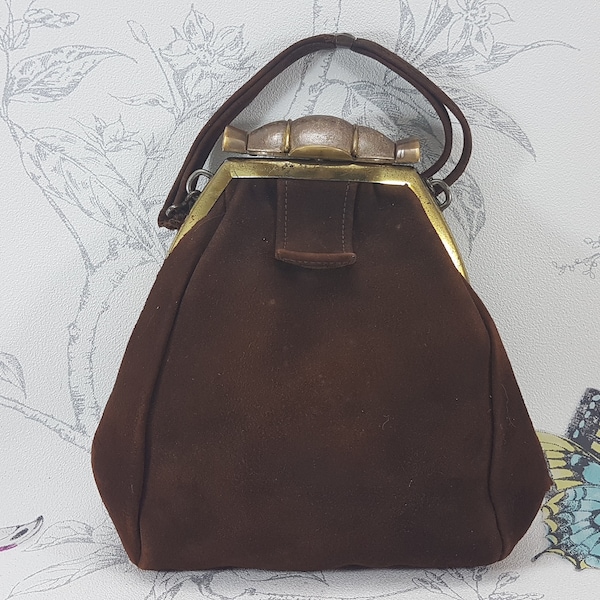 Vintage Art Deco evening bag, brown suede Art Deco clutch bag, Art Deco purse