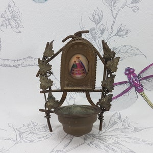 Antique Gilt Metal Holy Water Font: Hand-Painted Madonna Porcelain Plaque