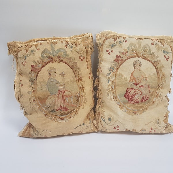 Antique Georgian tapestry cushions, pair of antique tapestry decorative romantic cushions, antique fabrics and textiles