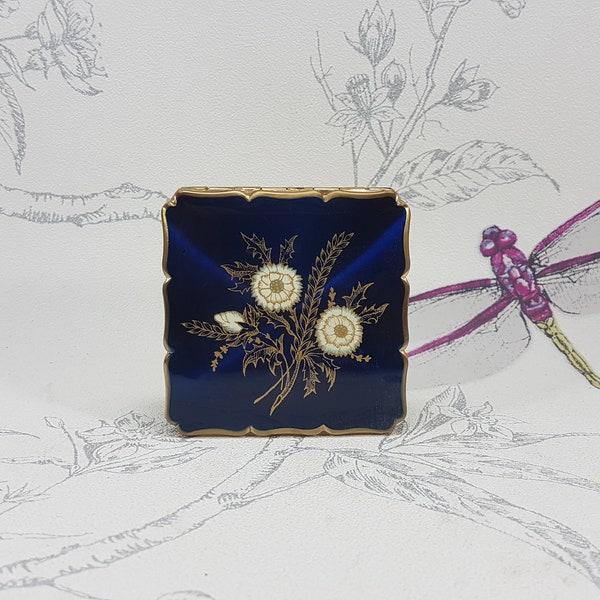 Vintage Stratton metallic blue and gilt powder compact, square Stratton compact mirror with floral foliage design