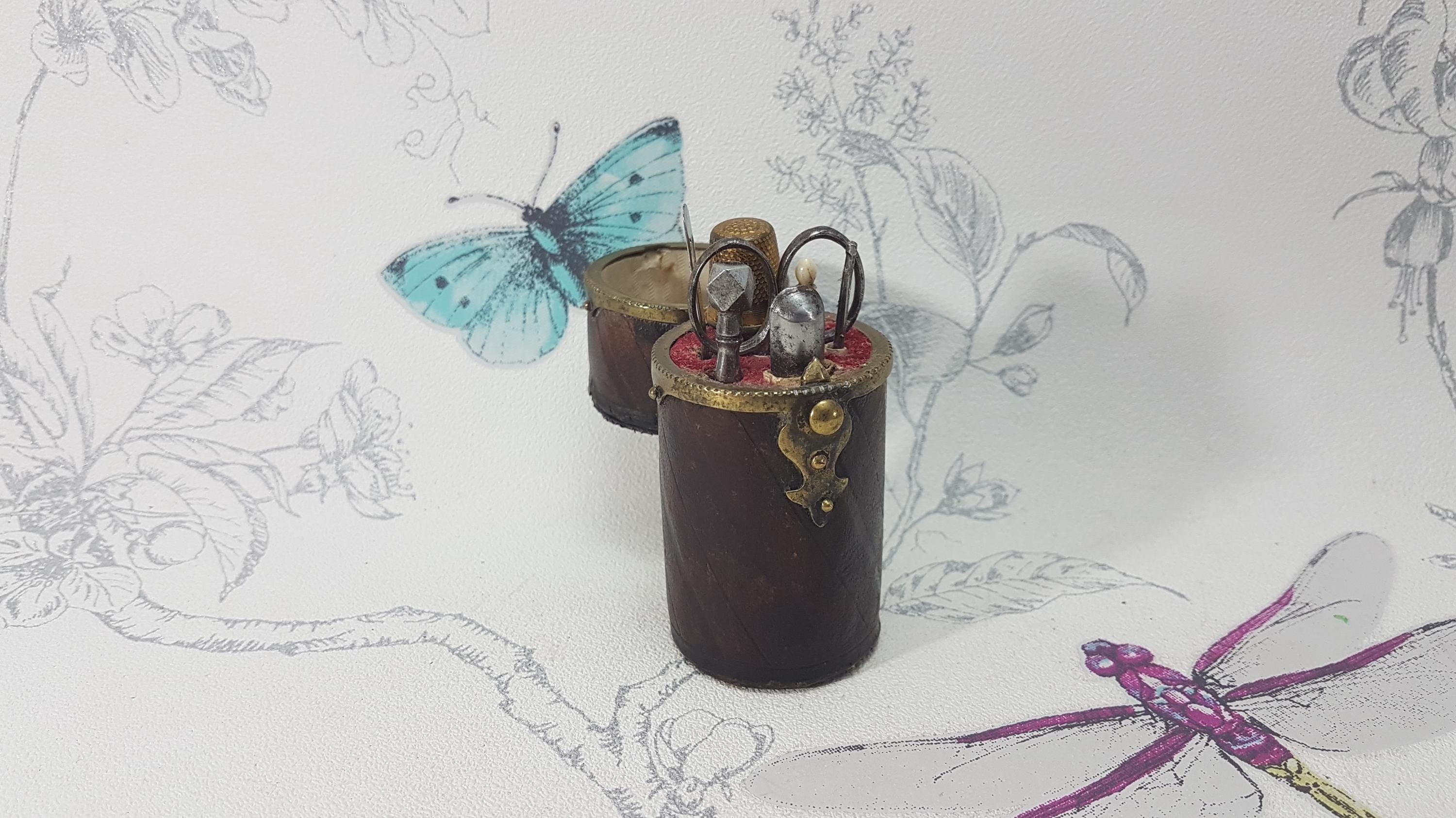 Antique Leather Etui, Victorian Sewing Necessaire with Thimble & Scissors