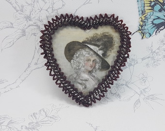 Antique Hand Painted Silk Portrait: Heart Shaped Beaded Lady