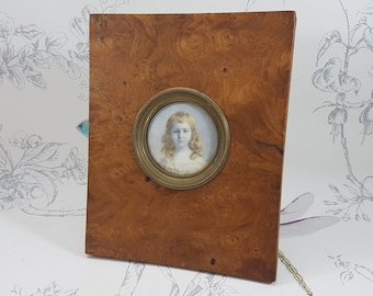 Antique miniature portrait in burr walnut frame, miniature original portrait of a girl in wooden frame