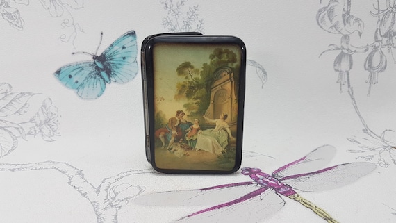 1930s Vintage Cigarette Case, Black Enamel Romantic Scene