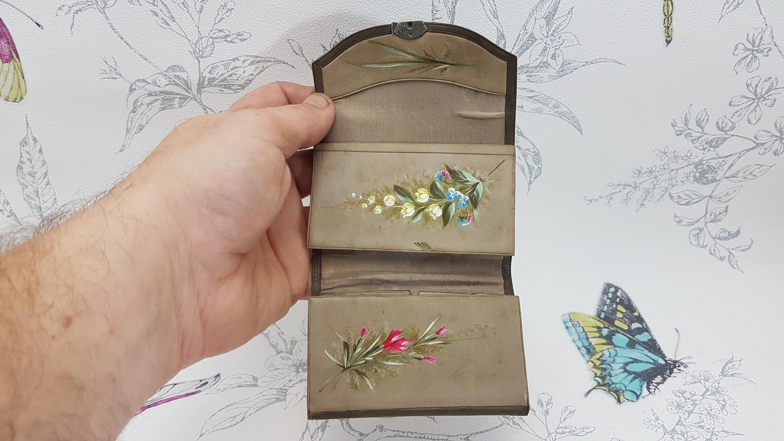 Antique Leather Needle Case: Hand Painted Floral Sewing Etui