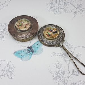 Vintage brass patch or trinket box with mirrored lid and matching hand mirror, hand painted mother of pearl patch box and hand mirror