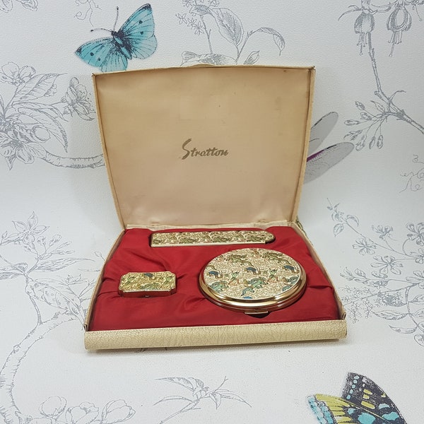 Vintage Stratton powder compact, pill box and comb with Persian Legends design, vintage Stratton compact set in original case