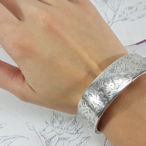 Vintage sterling silver cuff bracelet, ornate 1950s sterling silver bangle bracelet, Kenart Ltd 1953, vintage gifts for her
