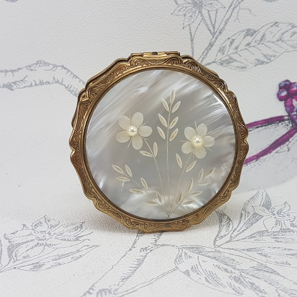 Vintage Stratton carved faux mother of pearl lucite powder compact, Stratton floral carved mother of pearl compact mirror