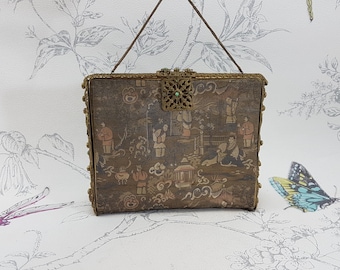 Art Deco Silk Brocade Clutch: Jeweled Gilt Frame, Antique Evening Bag
